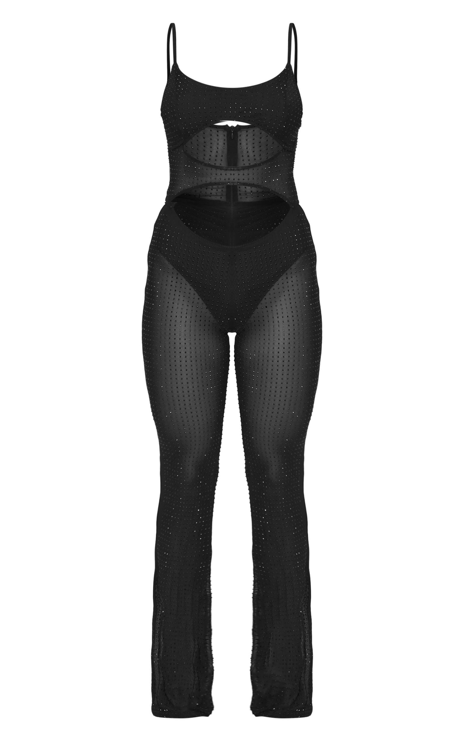 Black Diamante Hot Fix Mesh Cut Out Strappy Jumpsuit Product Image