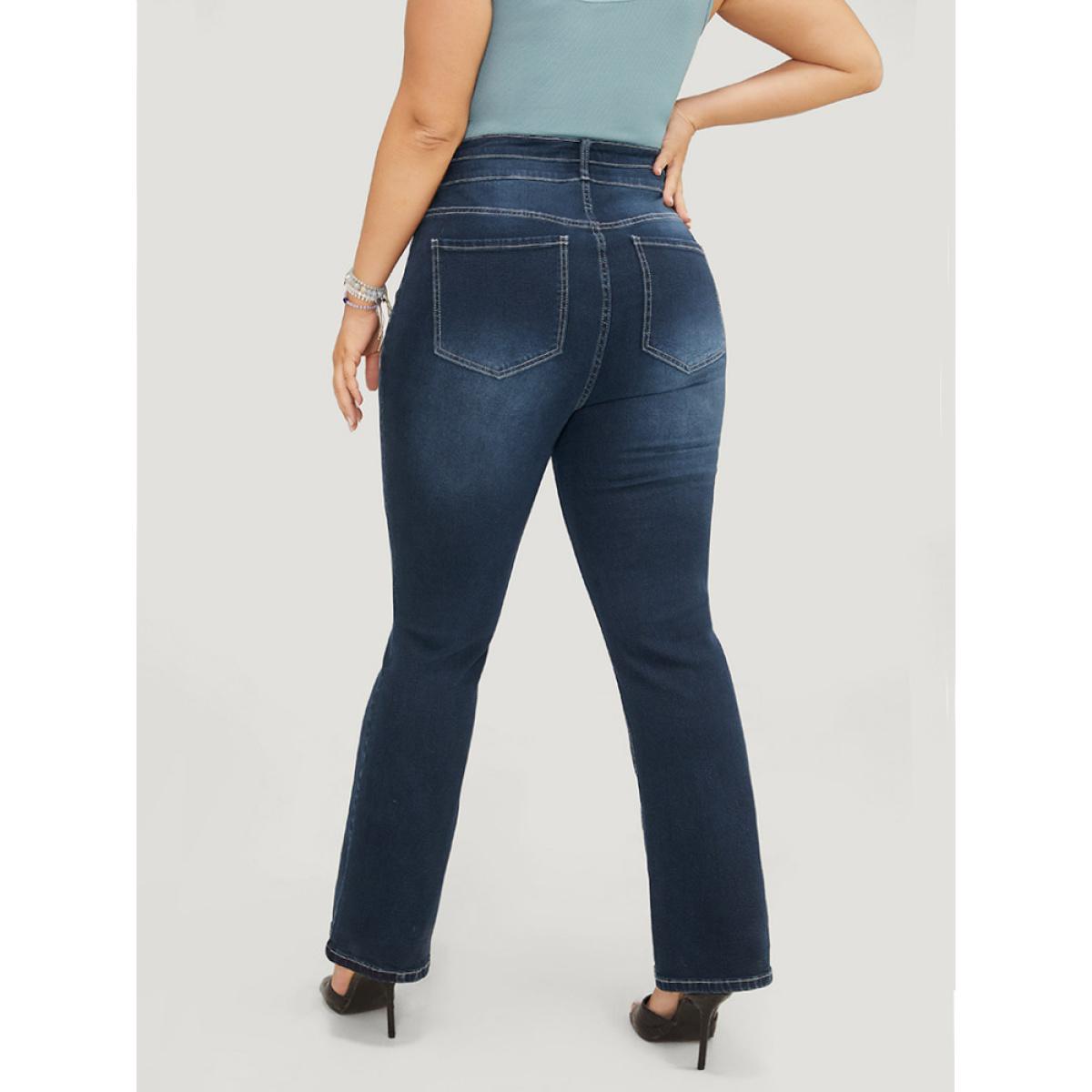 Plus Size Very Stretchy High Rise Dark Wash Contrast Stitching Jeans Women DarkBlue Casual Plain High stretch Pocket Jeans BloomChic 10/M Product Image