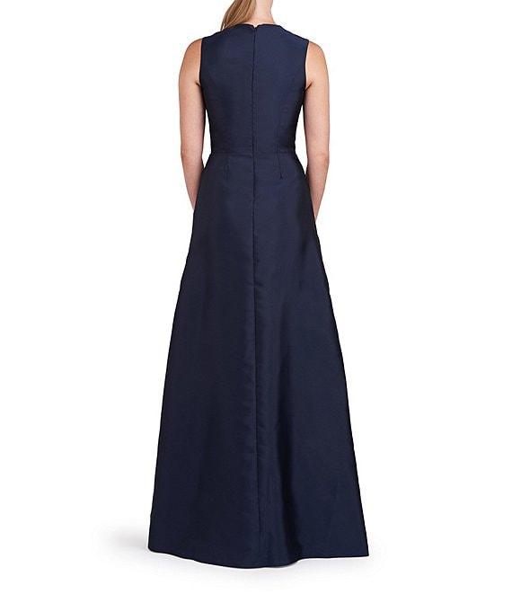 Kay Unger Beaded Floral Print Mikado V-Neck Sleeveless Pocketed A-Line Gown Product Image