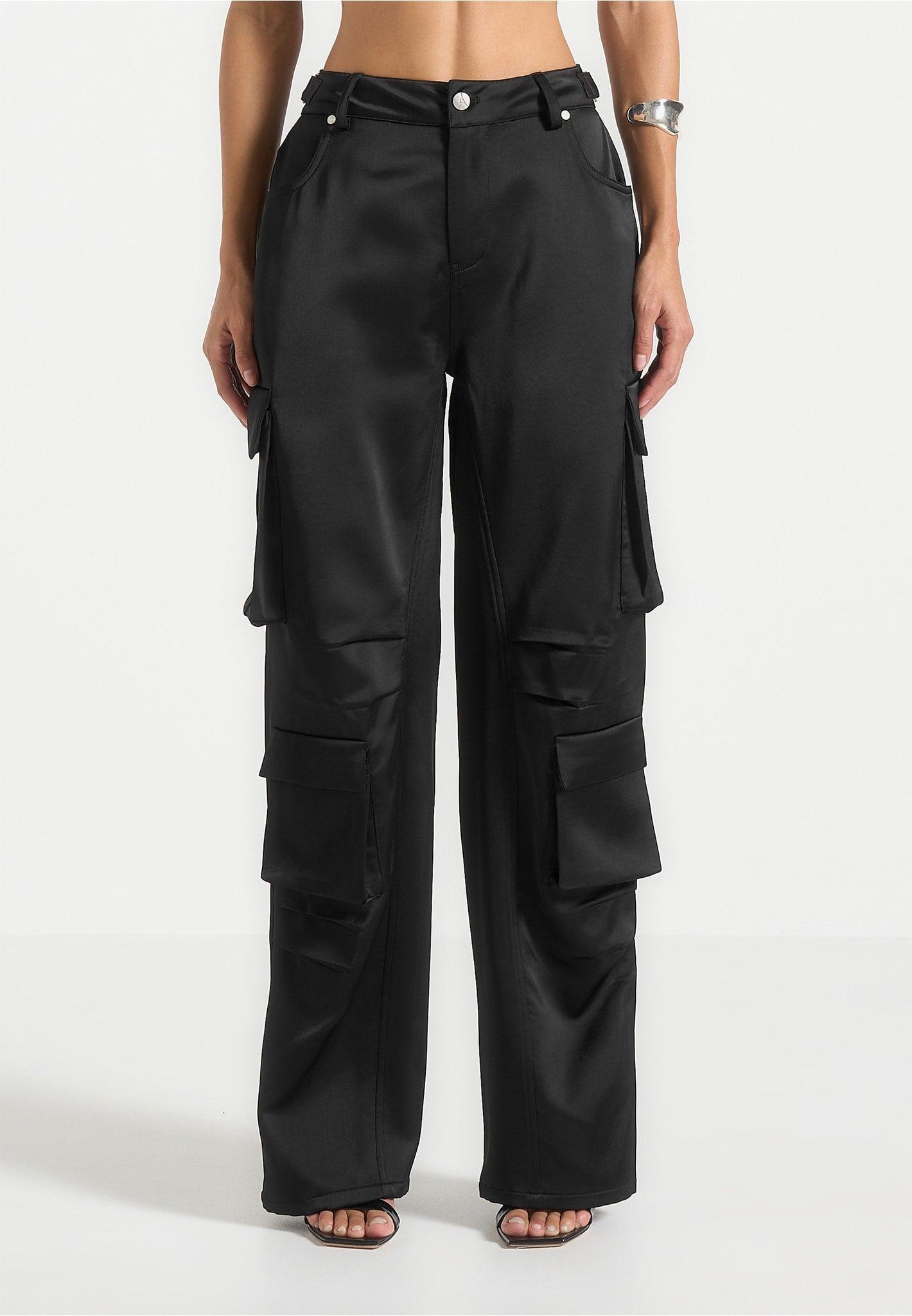 Emilie - Satin High Waisted Cargo Pants - Black Female Product Image