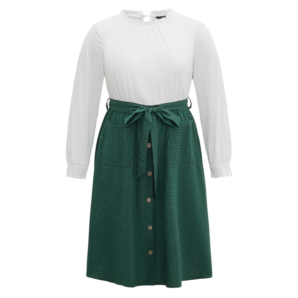 Plus Size Gingham Belted Frill Trim Button Detail Dress DarkGreen Women Elegant Printed Mock Neck Long Sleeve Curvy Midi Dress BloomChic 28/5X Product Image