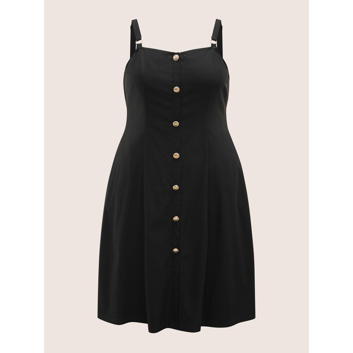 Plus Size Plain Adjustable Straps Metal Detail Pocket Dress Black Women At the Office Non Non Sleeveless Curvy Midi Dress BloomChic 28/5X Product Image
