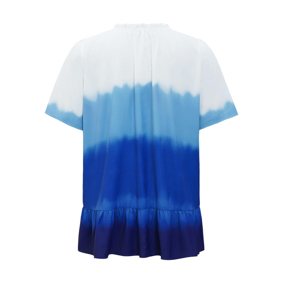 Plus Size Cerulean Tie Dye Frill Trim Mock Neck Ruffle Asymmetrical Hem Blouse Women Vacation Half Sleeve Mock Neck Dailywear Blouses BloomChic 22-24/3X Product Image