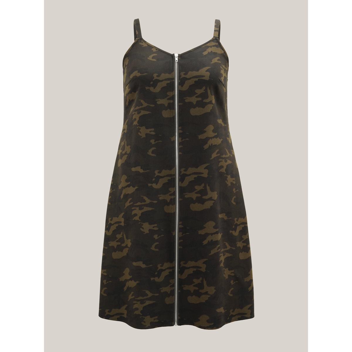 Plus Size Camouflage Print Zipper Front Adjustable Midi Dress ArmyGreen Women Casual Non Non Sleeveless Curvy BloomChic 28/5X Product Image