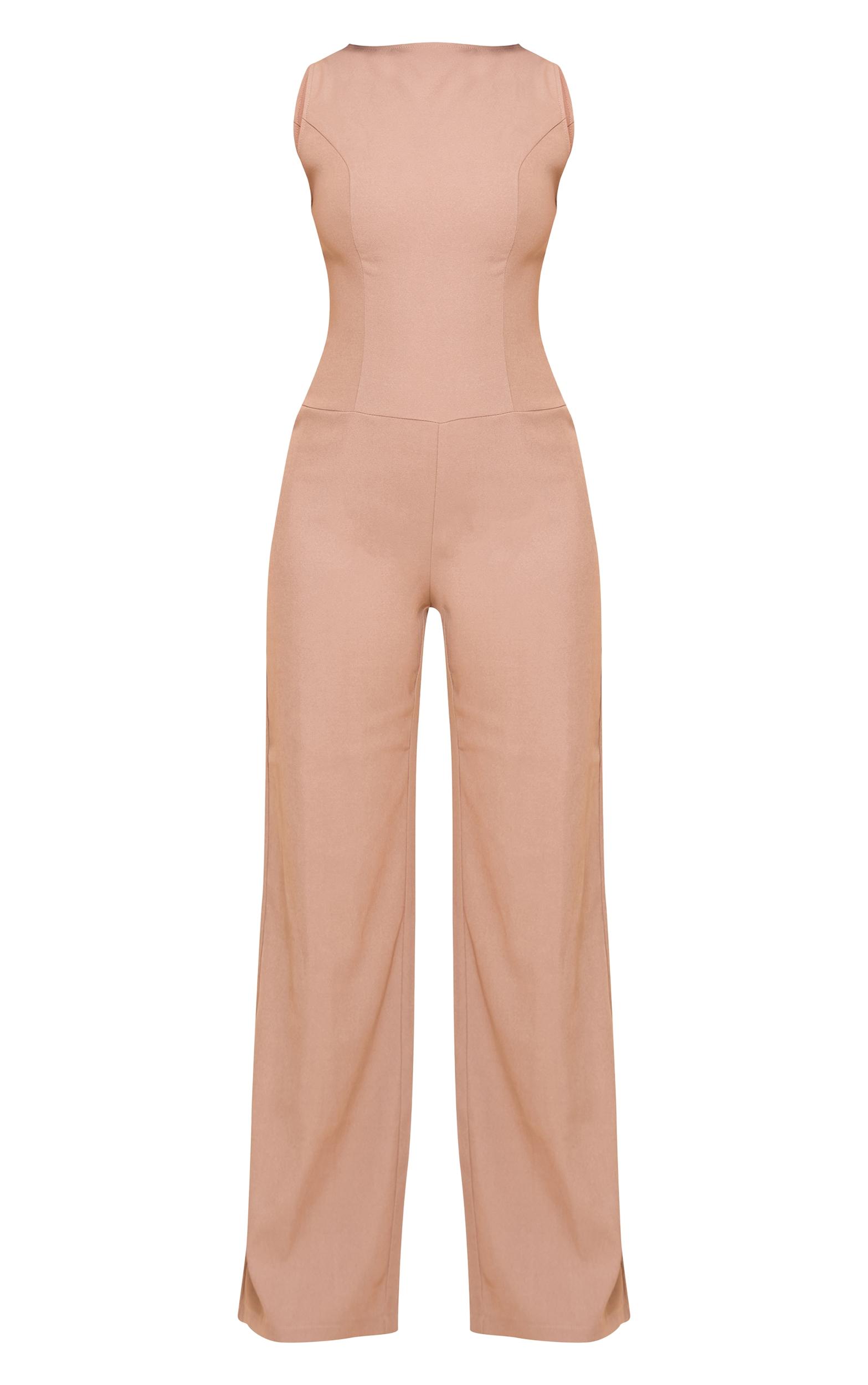 Mushroom Structured Woven Open Back Detail Straight Leg Jumpsuit Product Image