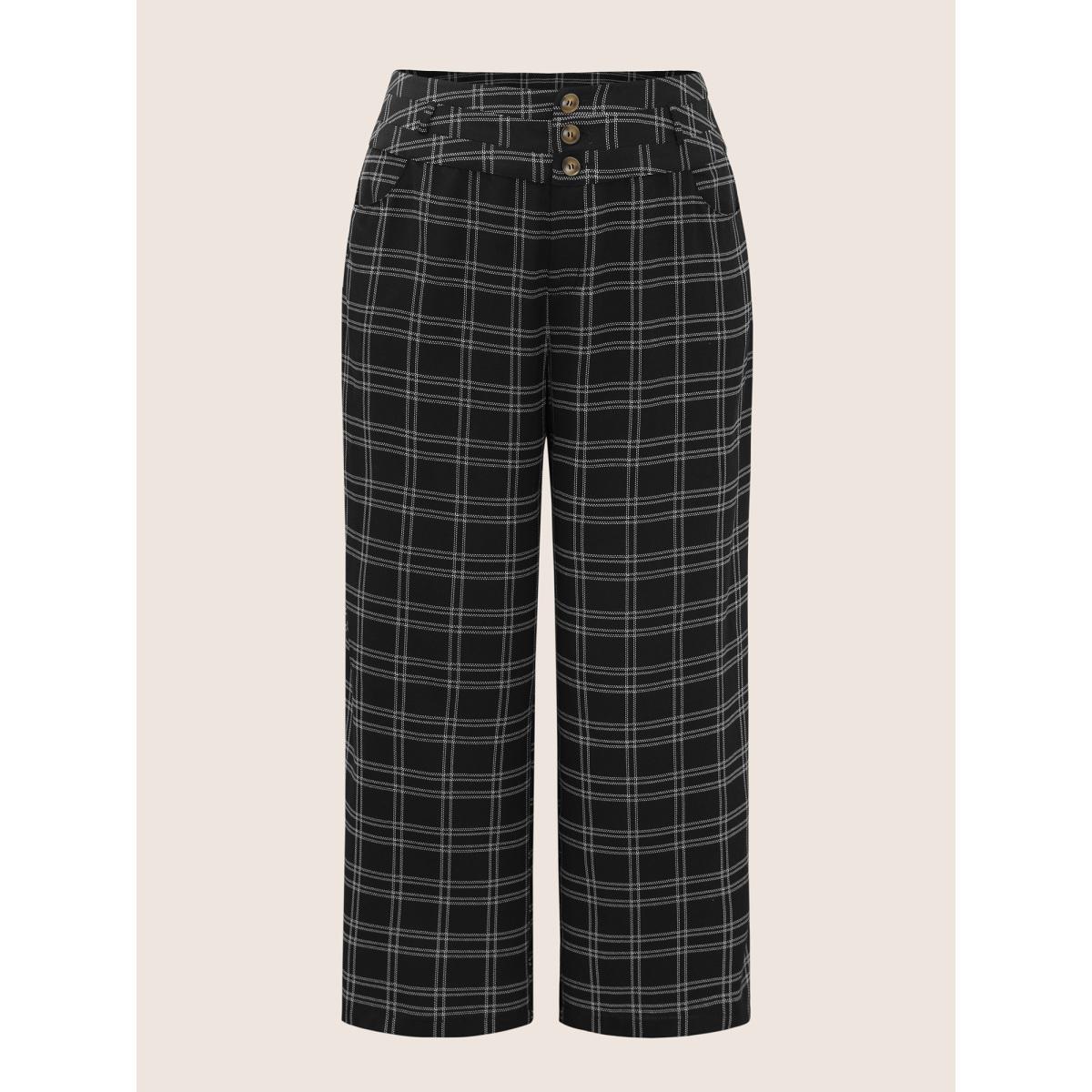 Plus Size Plaid Button Detail Slanted Pocket Wide Leg Pants Women Black At the Office Wide Leg High Rise Work Pants BloomChic 12/L Product Image