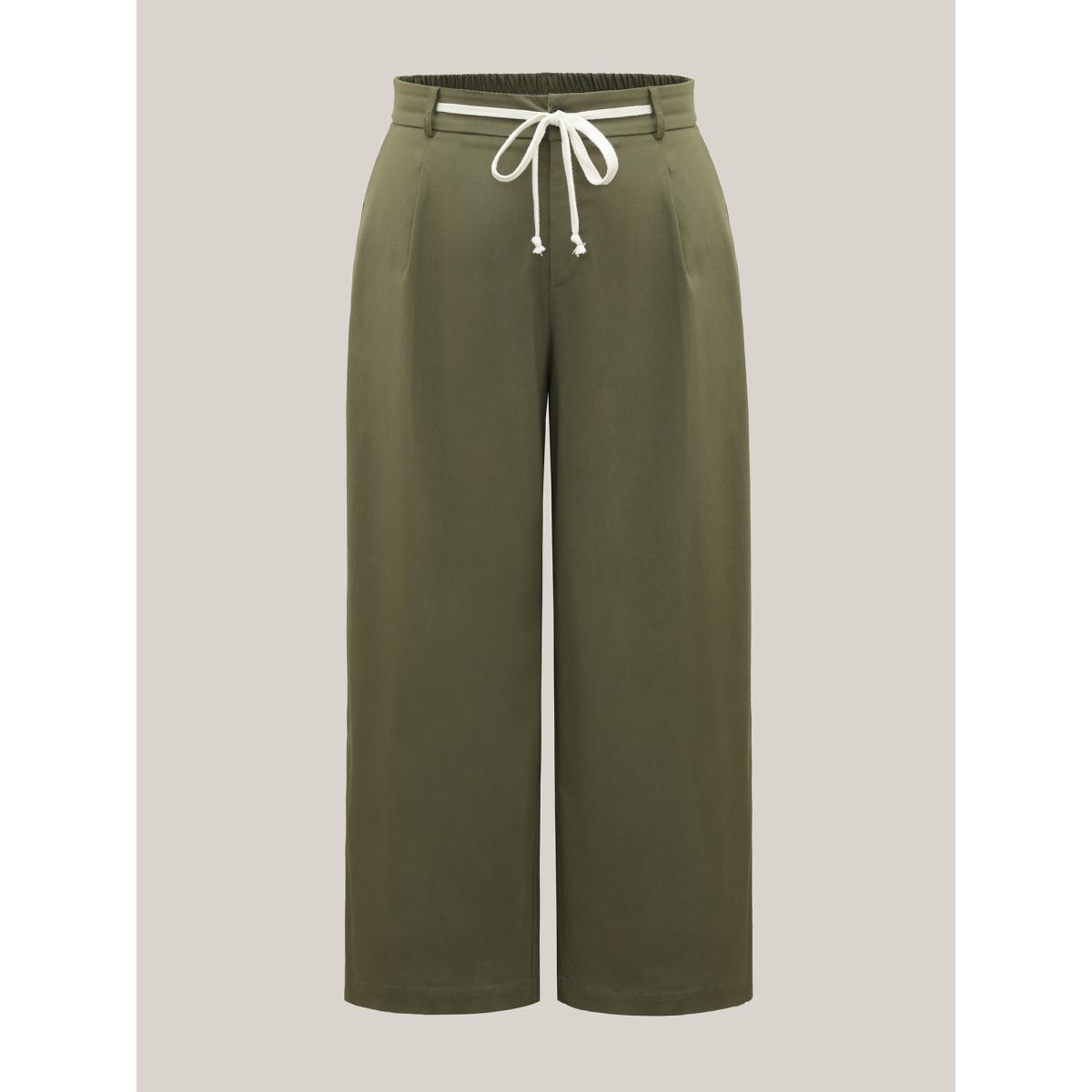 Plus Size Drawstring Pockets Wide-Leg Pants Women ArmyGreen Casual Wide Leg Mid Rise Casual Pants BloomChic 12/L Product Image