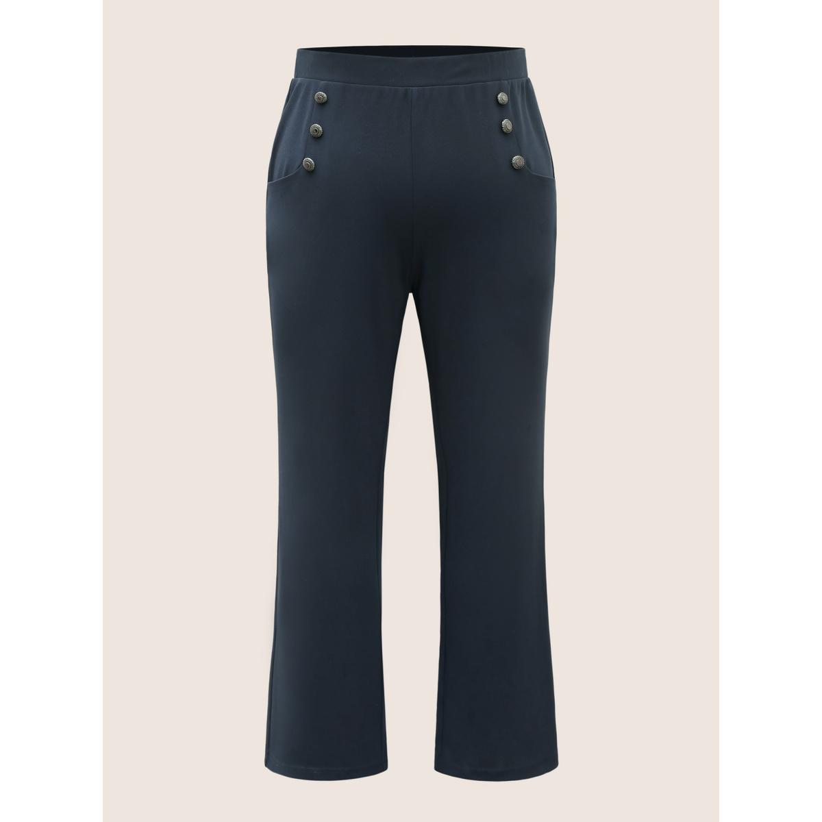 Plus Size Silver-Button Wide-Leg Pants Women Midnight Elegant Wide Leg Mid Rise Everyday Pants BloomChic 28/5X Product Image