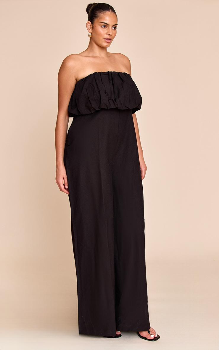 Plus Black Textured Puffball Bandeau Straight Leg Jumpsuit Product Image