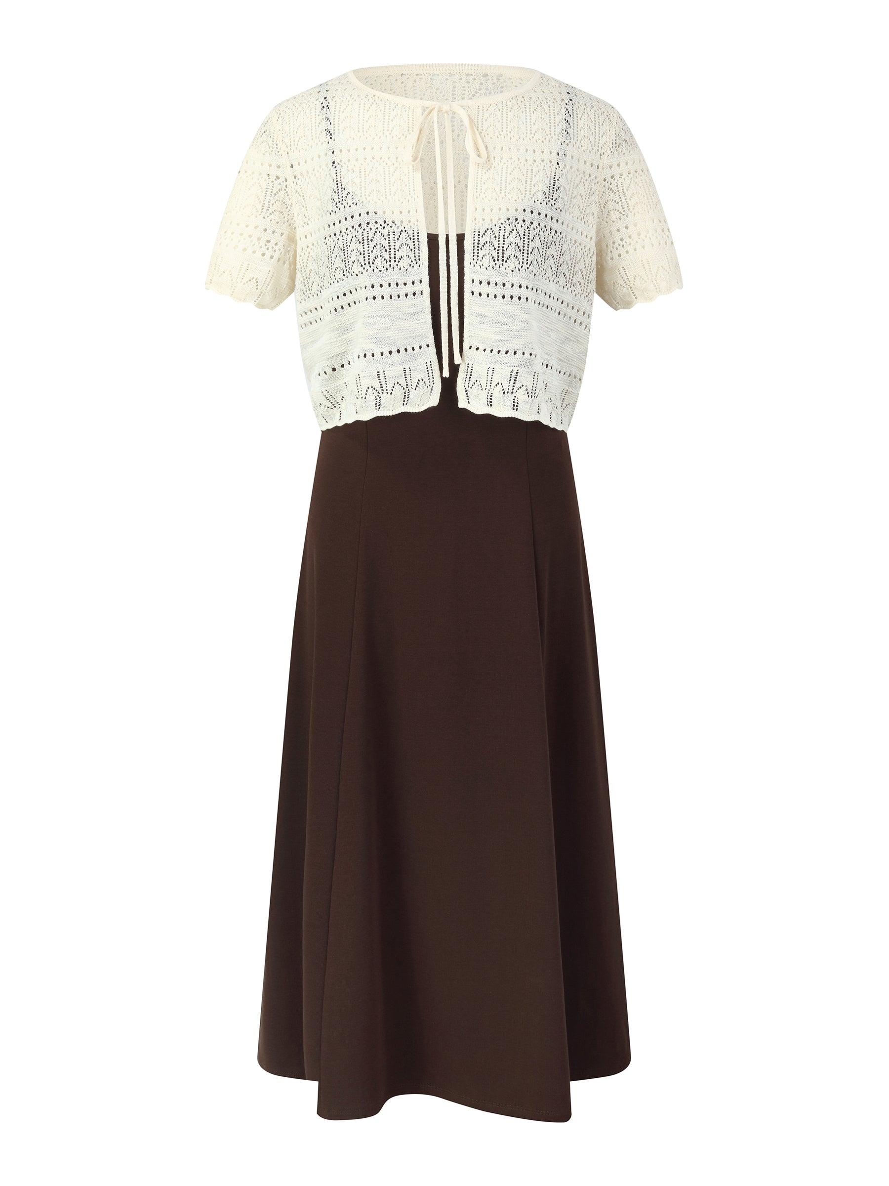 Tie Front Openwork Cardigan And Knit Strap Dress Two-Piece Set Product Image