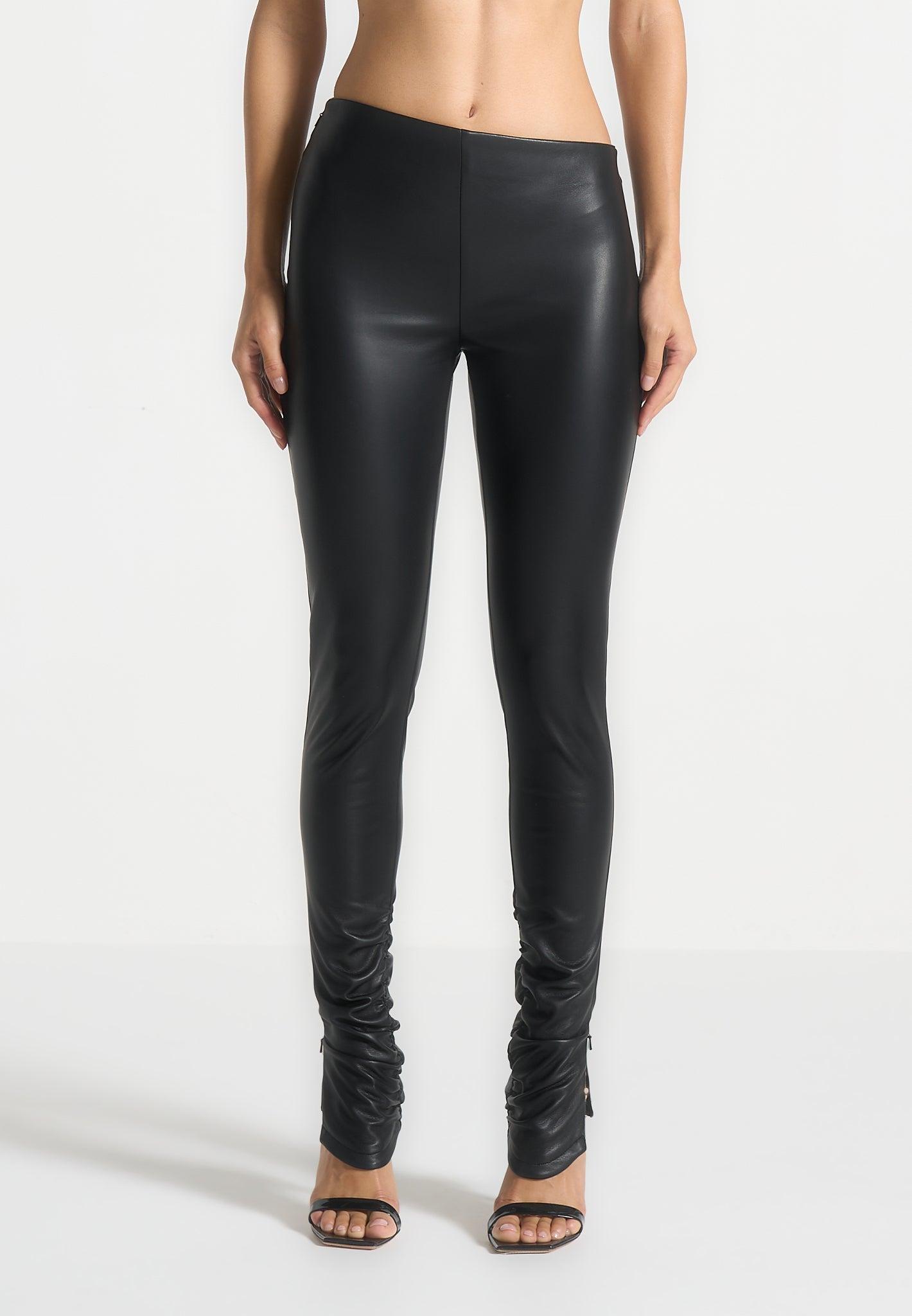 Clara - Leather Angled Waistband Leggings - Black Female Product Image