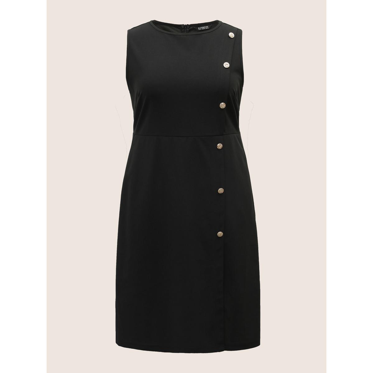 Plus Size Plain Sleeveless Button Detail Pocket Dress Black Women Workwear Essentials Non Round Neck Sleeveless Curvy Midi Dress BloomChic 18-20/2X Product Image