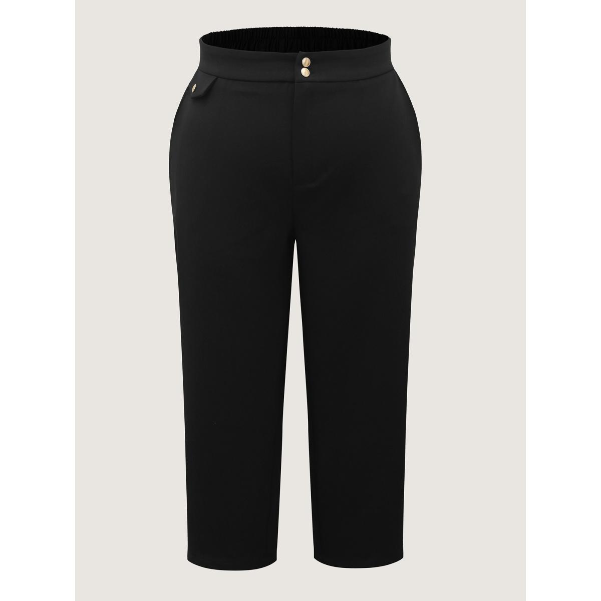 Plus Size Stretchy Double Button Straight-Leg Pants Women Black Office Loose Mid Rise Office Pants BloomChic 14-16/1X Product Image