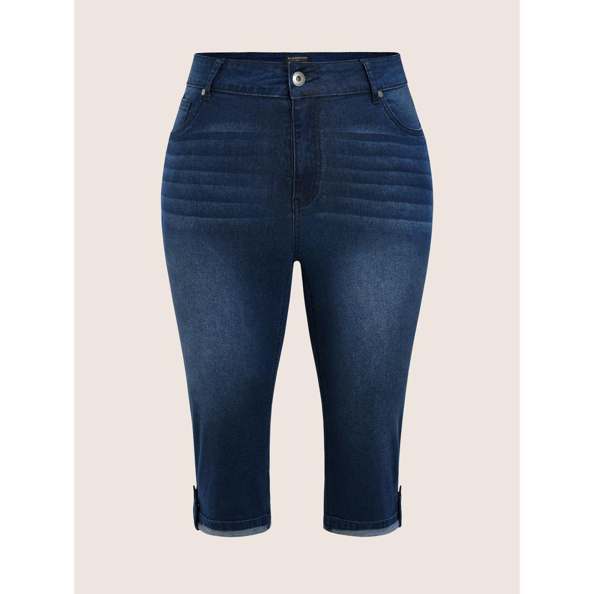 Plus Size Plain Roll Hem Skinny Cropped Jeans Women Indigo Casual Plain Non High stretch Slanted pocket Jeans BloomChic 14/1X Product Image