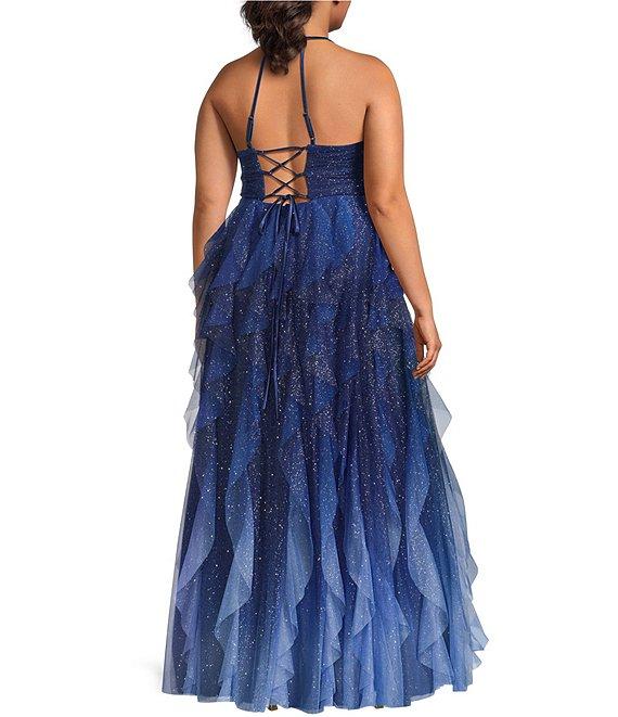 Pear Culture Plus Glitter Ombre Corkscrew Tulle Long Dress Product Image