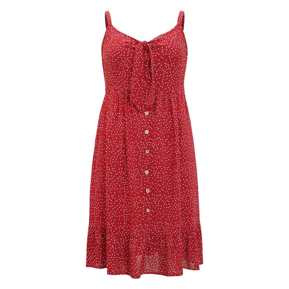 Plus Size Polka Dot Button Detail Knotted Pocket Cami Dress Crimson Women Elegant Adjustable Straps Spaghetti Strap Sleeveless Curvy Knee Dress BloomChic 14-16/1X Product Image