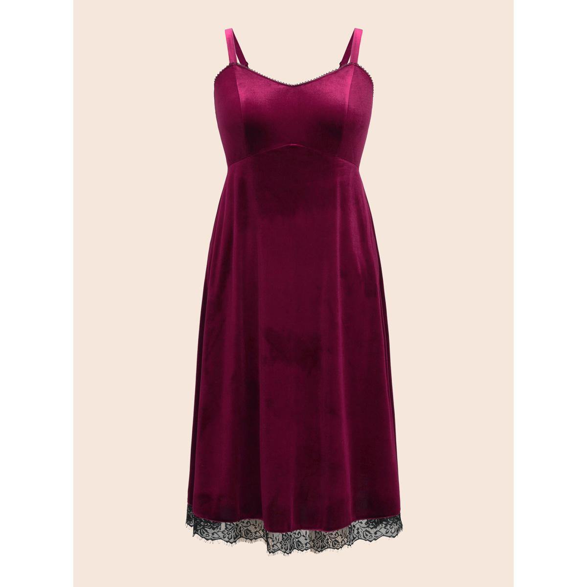 Plus Size Cami Velvet Fitted Waist Maxi Dress Burgundy Women Cocktail Woven ribbon&lace trim Party Curvy Bloomchic 14-16/1X Product Image