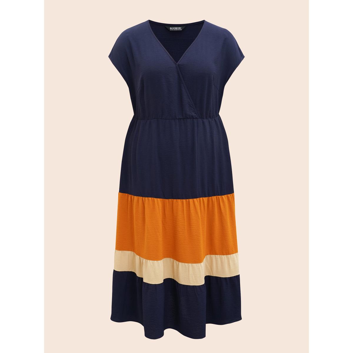 Plus Size Colorblock Contrast Pocket Wrap Flutter Tiered Tank Dress DarkBlue Women Casual Wrap V-neck Cap Sleeve Curvy Midi Dress BloomChic 10/M Product Image