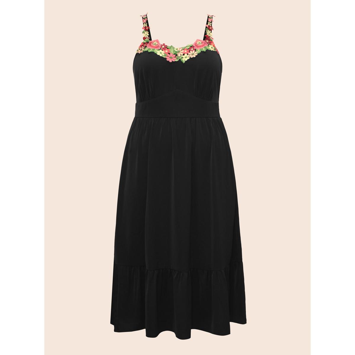 Plus Size Floral Woven Ribbon Heart Neckline Cami Dress Black Women Elegant Woven ribbon&lace trim Heart neckline Sleeveless Curvy BloomChic 14-16/1X Product Image