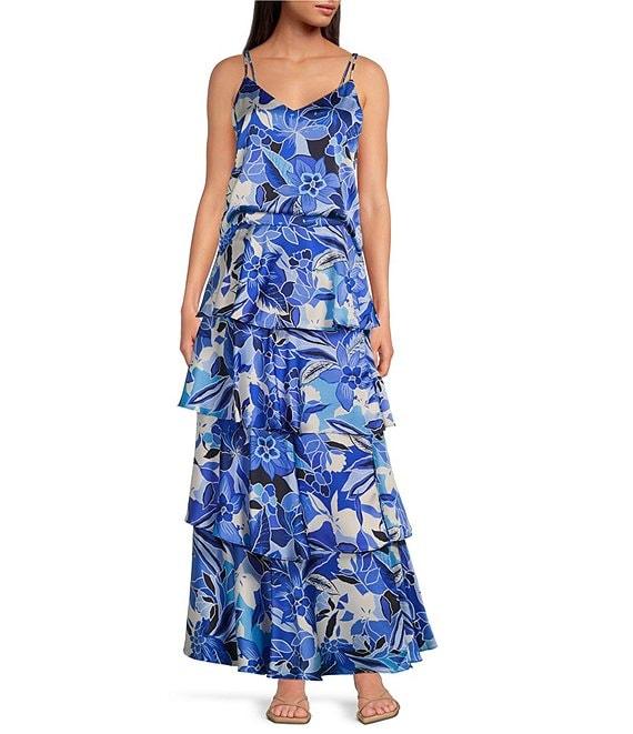 Skies Are Blue Coordinating Satin Floral Printed Tier Maxi Skirt Product Image