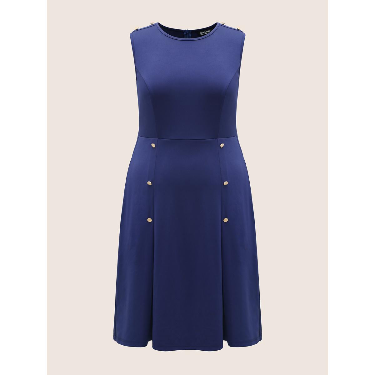 Plus Size Plain Metal Detail Pleated Tank Dress Navy Women At the Office Button Round Neck Sleeveless Curvy BloomChic 14-16/1X Product Image