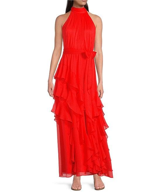 Alex Marie Nina Chiffon Halter Sleeveless Tiered A-Line Dress Product Image