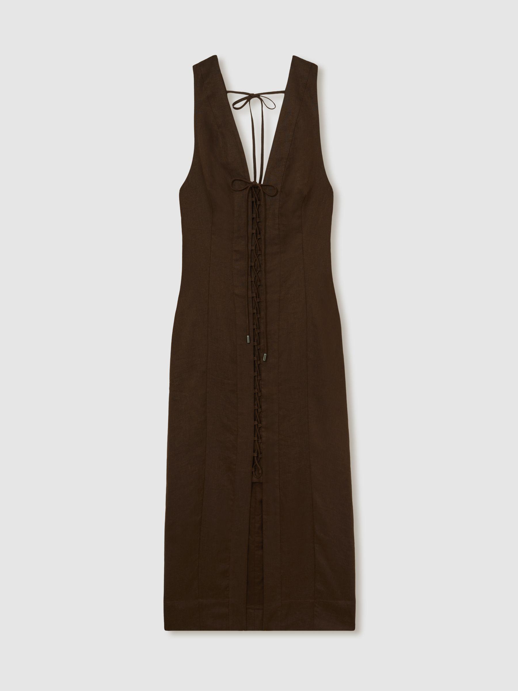 Lattice-Front Midi Dress in Chocolate Brown Product Image