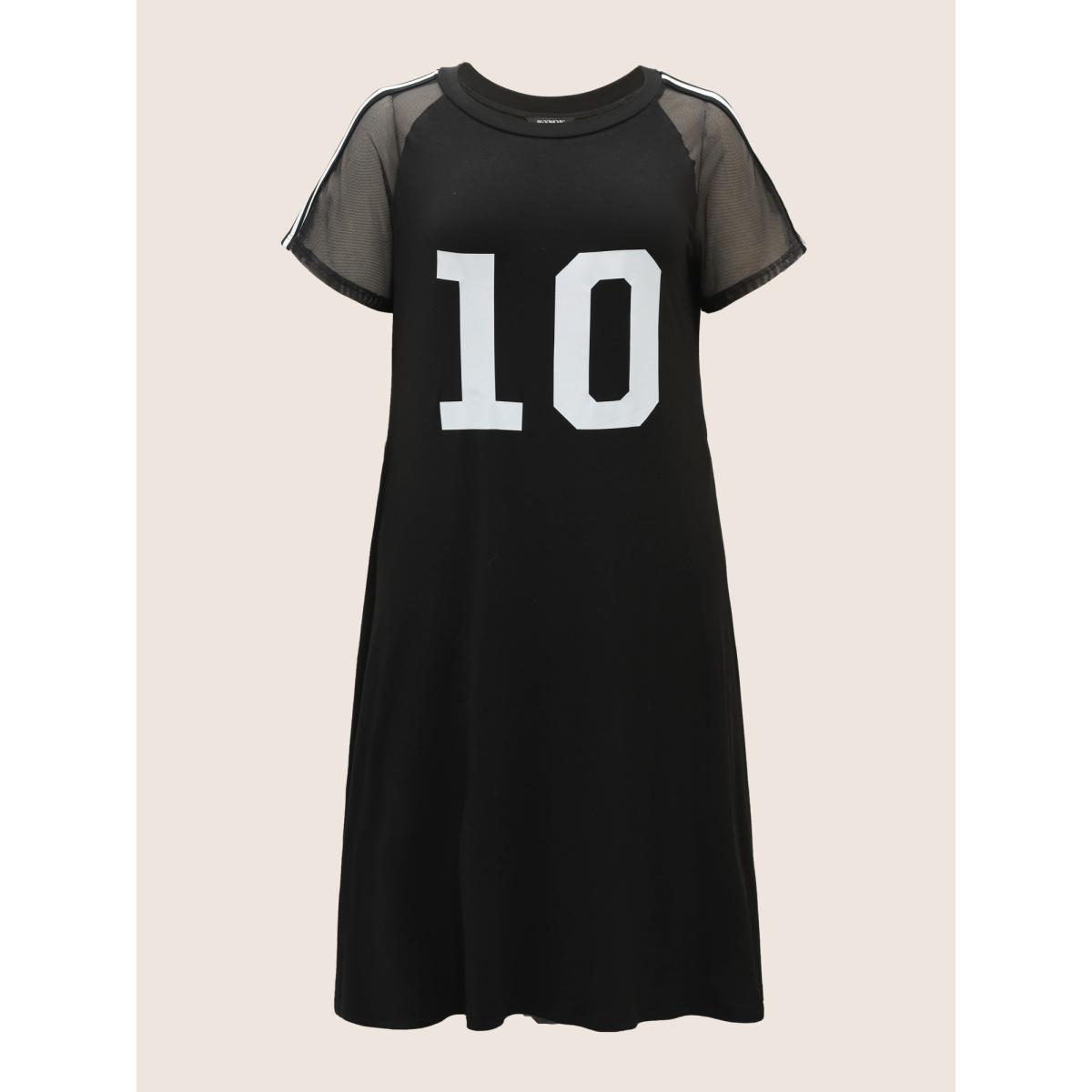 Plus Size Number Print Striped Mesh Patchwork Midi Dress Black Women Casual See through Round Neck Short sleeve Curvy BloomChic 14-16/1X Product Image