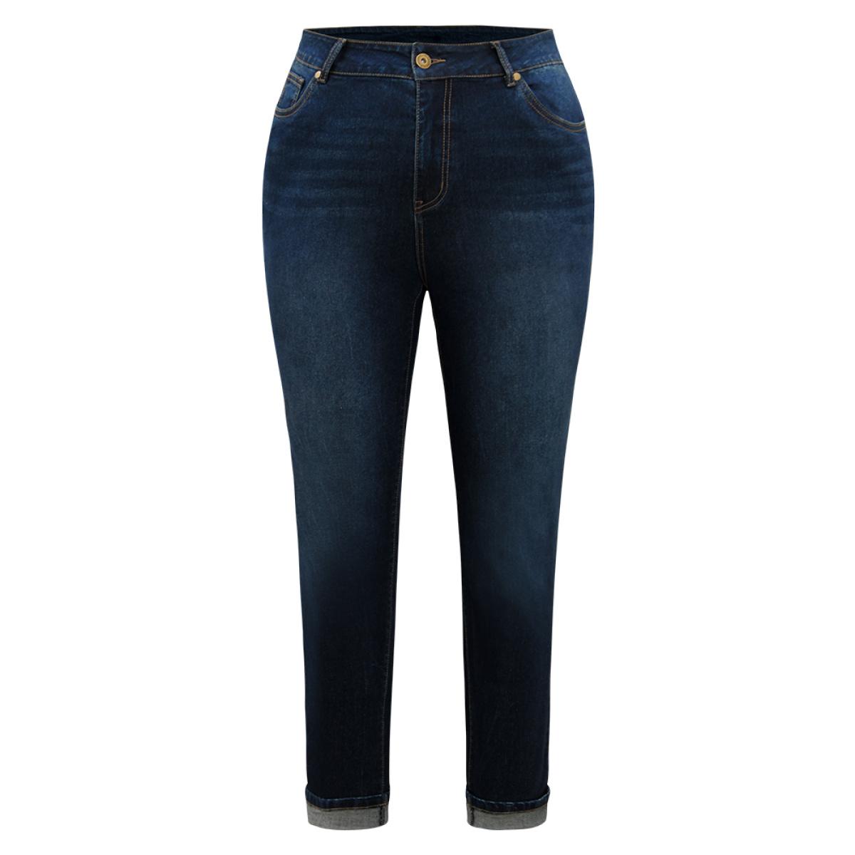 Plus Size Cutoff Roll Hem Full Length Jeans Women DarkBlue Casual Plain Plain High stretch Pocket Jeans BloomChic 22/3X Product Image