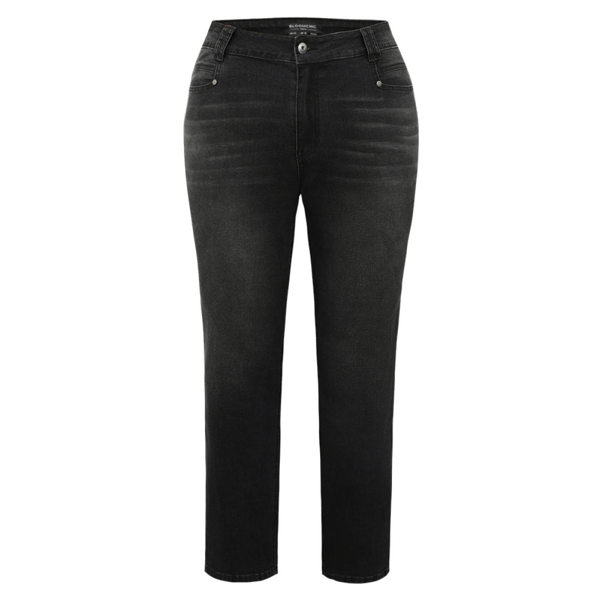 Plus Size Vintage Black Wash Straight Leg Jeans Women Black Casual Plain Plain High stretch Pocket Jeans BloomChic 10/M Product Image