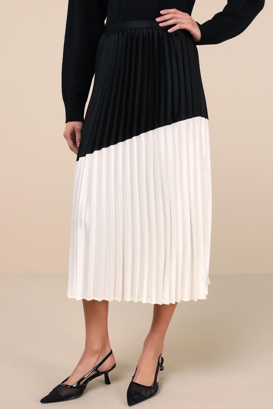 Chic Rarity Black and Ivory Color Block Satin Pleated Midi Skirt Product Image