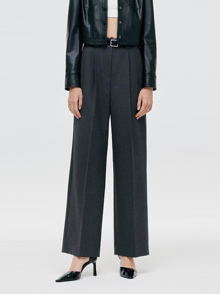 Worsted Wool Women Wide Leg Pants With Leather Belt Product Image