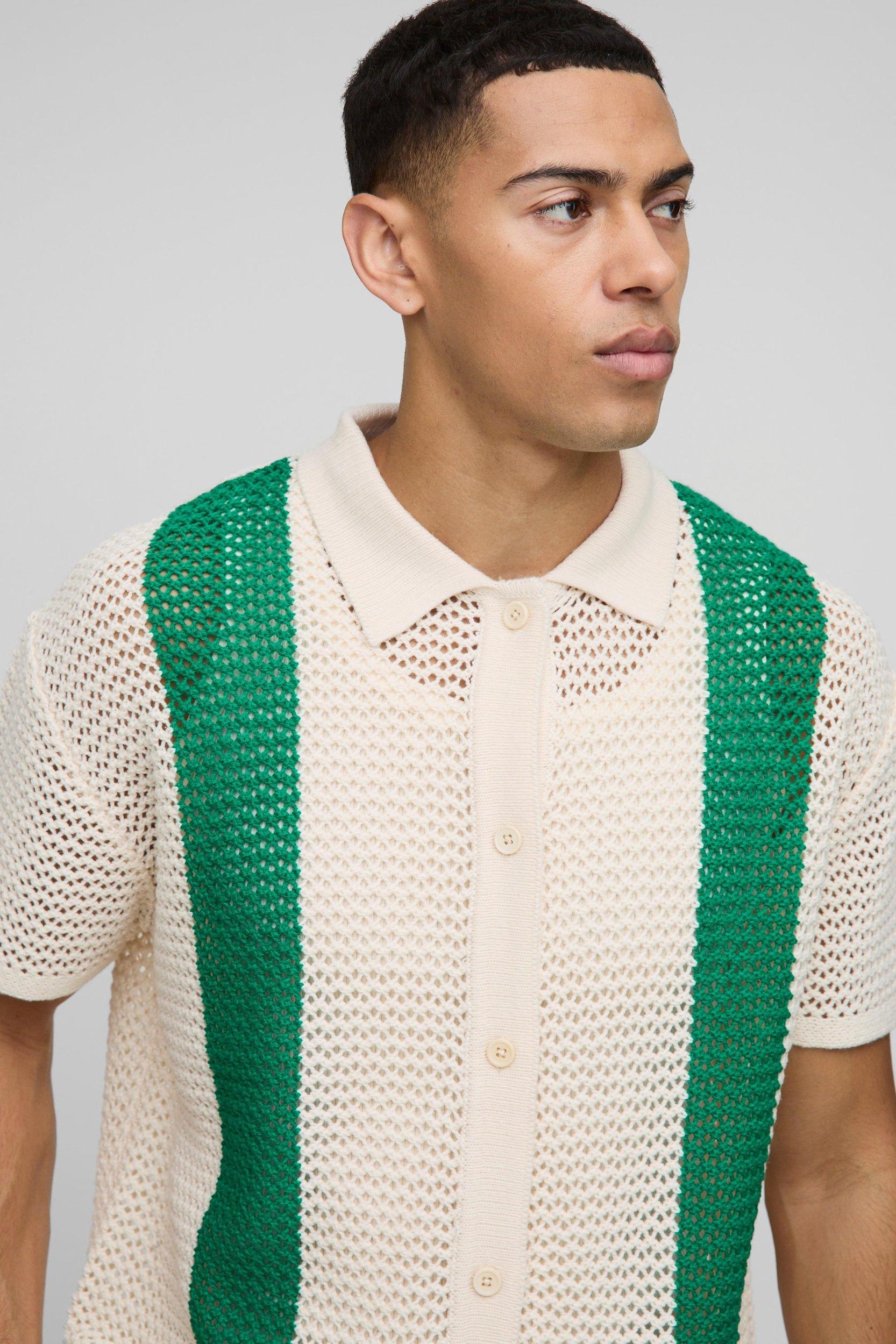 Boxy Fit Open Stitch Stripe Knitted Shirt | boohooMAN USA Product Image