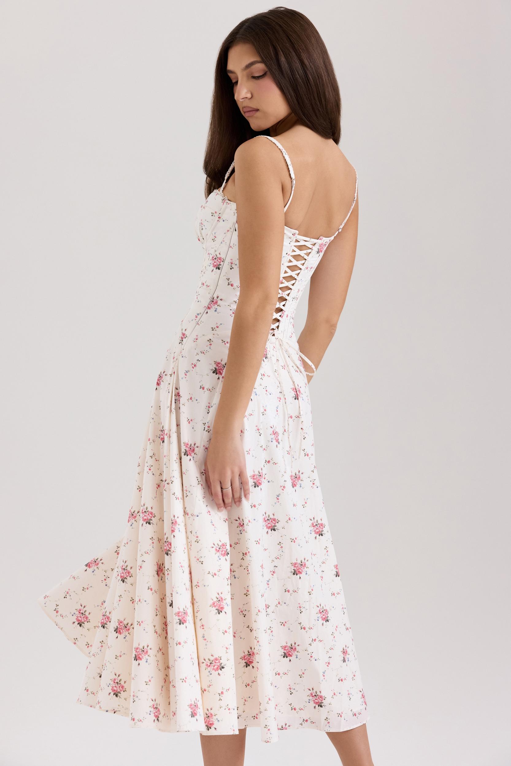 Steffani  white stretch cotton rose print midi sundress Product Image