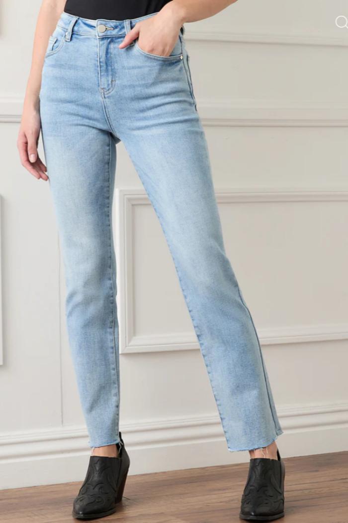 Raw Hem Straight Jeans- Light Blue Product Image