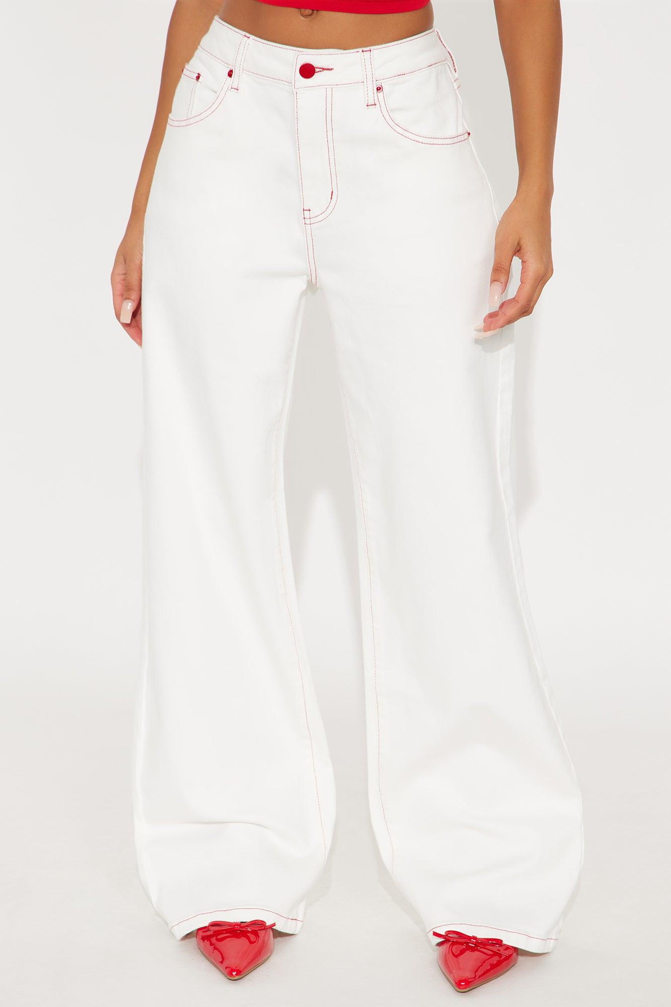 Cherry Bow Embroidered Wide Leg Jeans - White Female Product Image