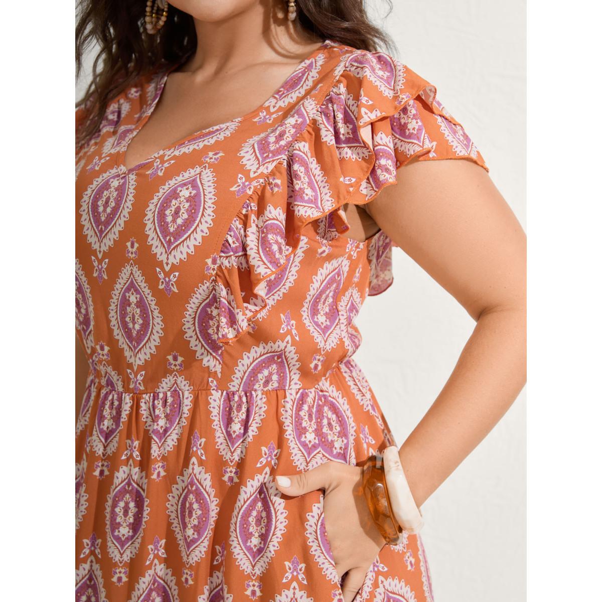 Plus Size Rayon Boho Print Pocket Midi Dress Coral Women Boho V-neck Cap Sleeve Curvy BloomChic 12/L Product Image