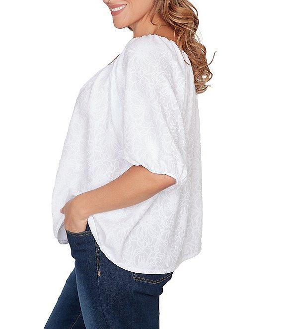 Ruby Rd. Plus Size Textured Jacquard Floral Scoop Neck Elbow Sleeve Top Product Image