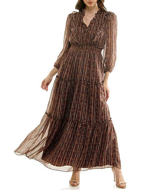 Moda Tara Yoryu Chiffon 3/4 Sleeve Tiered Skirt Dress Product Image