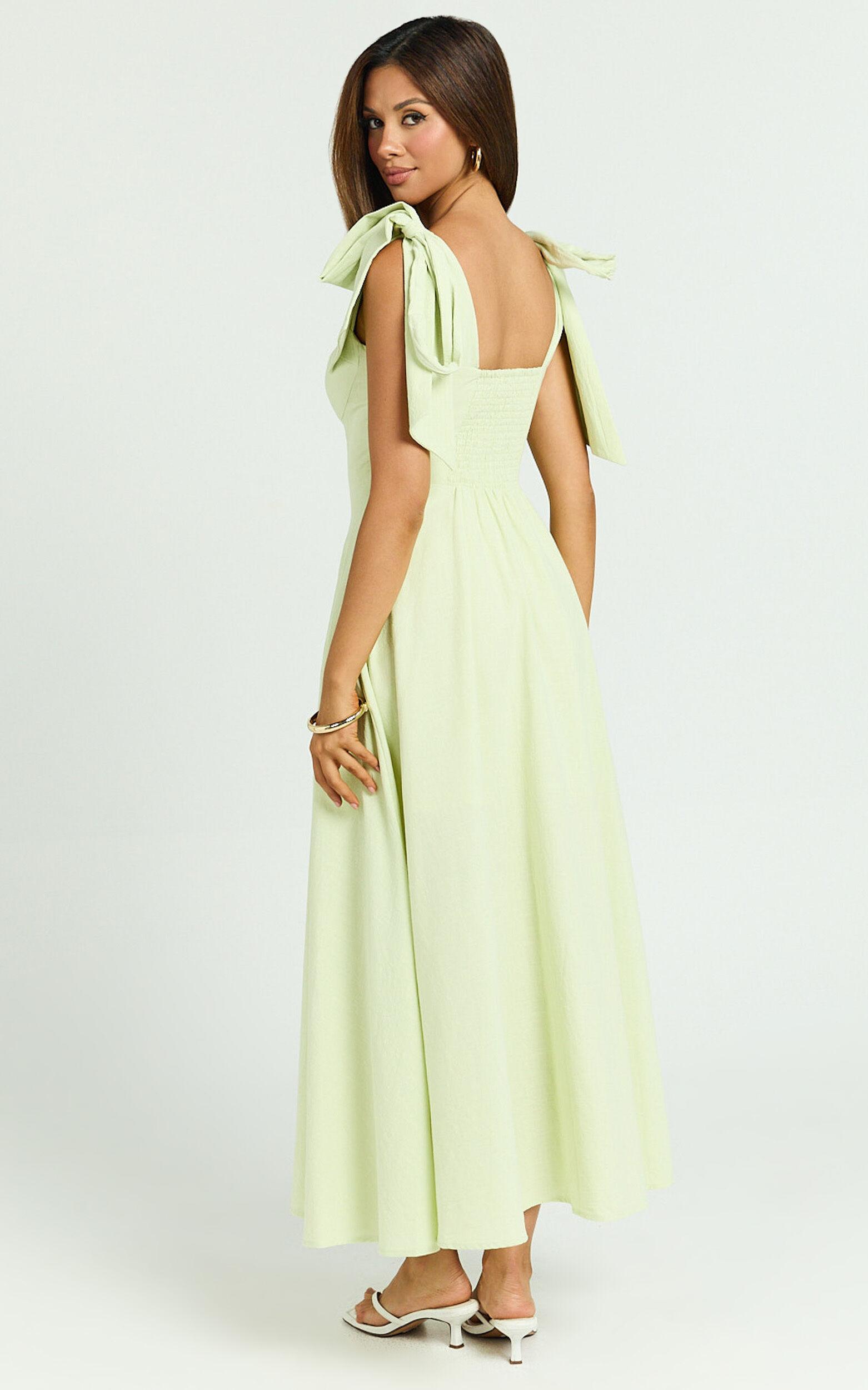 Tymia Midi Dress - Shoulder Tie Bustier Shirred Back A Line in Celery Product Image