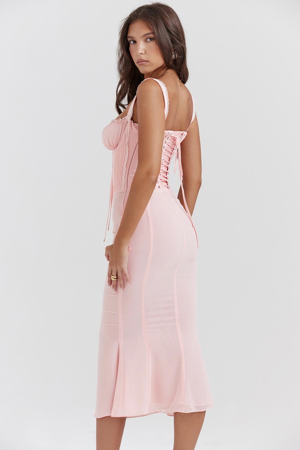 Syrah  soft peach lace back midi dress Product Image