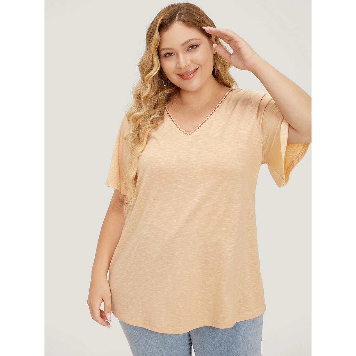 Plus Size Solid Heather Flutter Sleeve T-shirt LightBrown Women Elegant Heather Plain V-neck Dailywear T-shirts BloomChic 14-16/1X Product Image