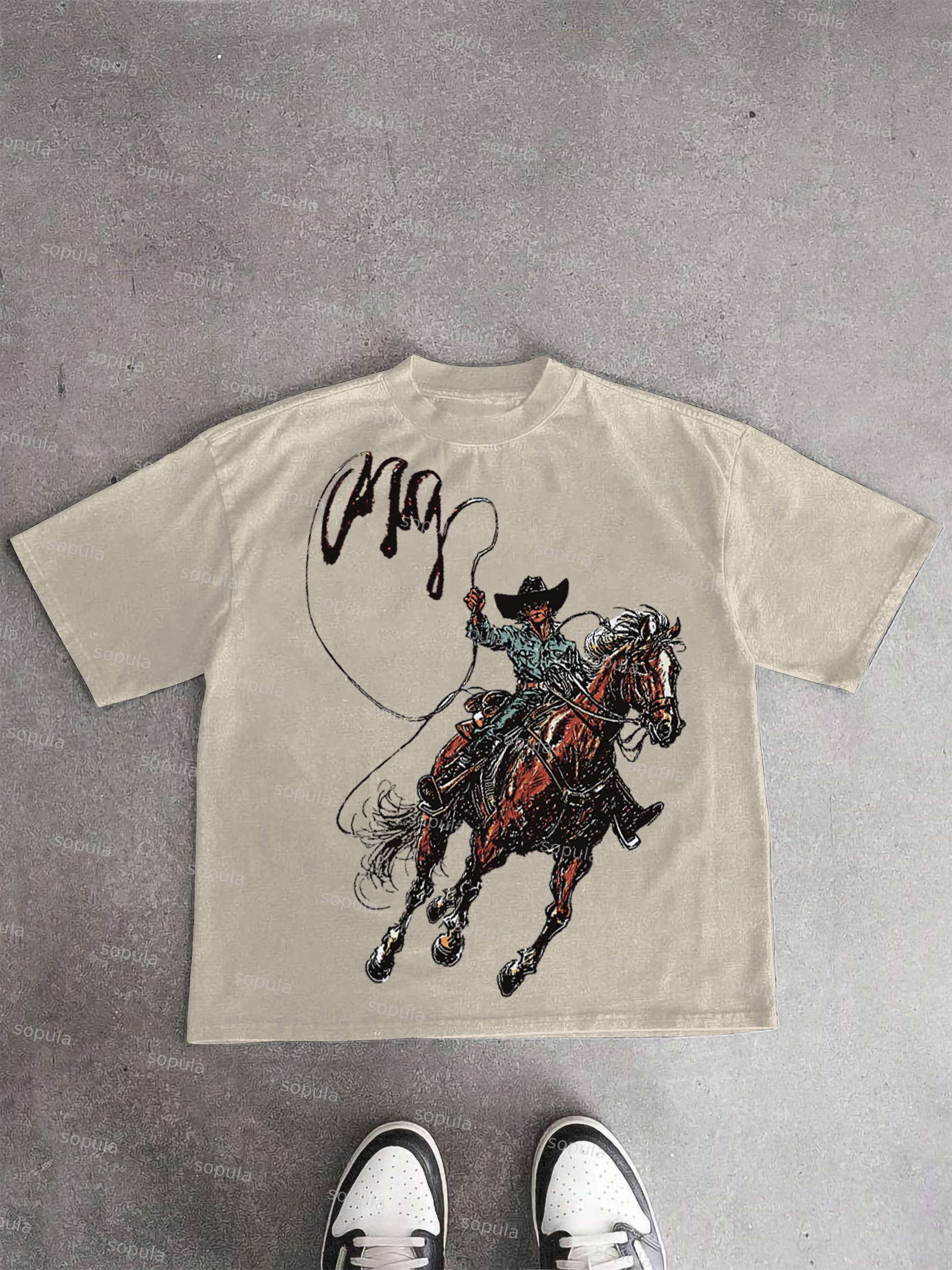 Men's Vintage Western Cowboy Graphic Acid Wash T-shirt Product Image
