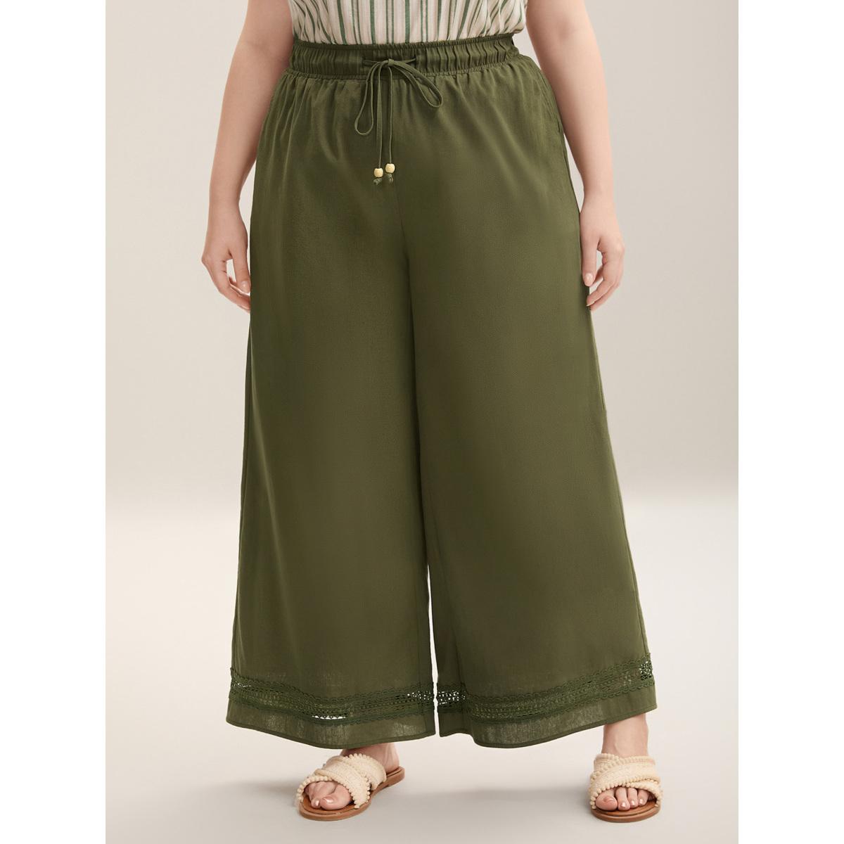 Plus Size Drawstring Lace Detail Wide-Leg Pants Women ArmyGreen Boho Wide Leg Mid Rise Vacation Pants BloomChic 12/L Product Image