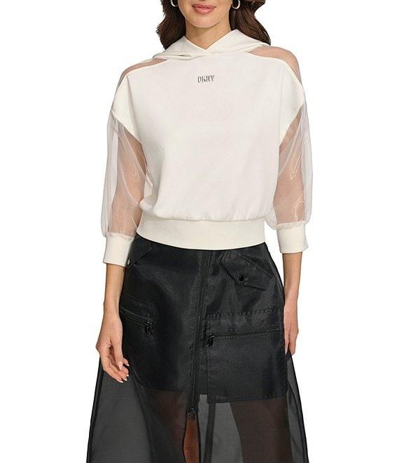 DKNY by Donna Karan Mix Media Sheer 3/4 Sleeve Cropped Logo Hoodie Product Image