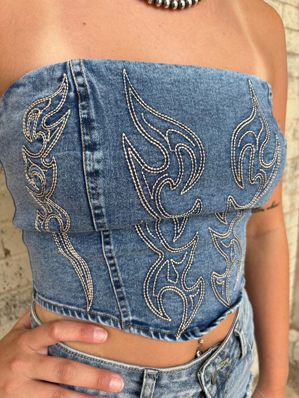 L&B Stone Wash Boot Stitch Embroidered Denim Tie Up Corset Product Image