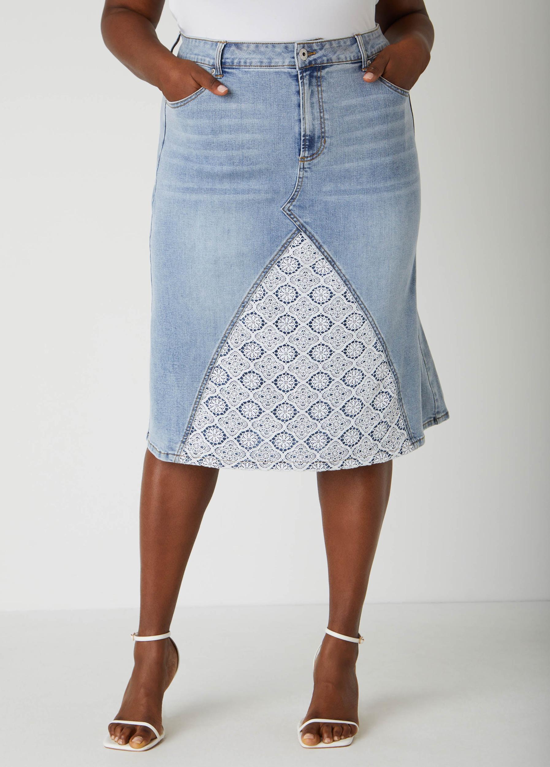 Crochet Paneled Denim Skirt Product Image