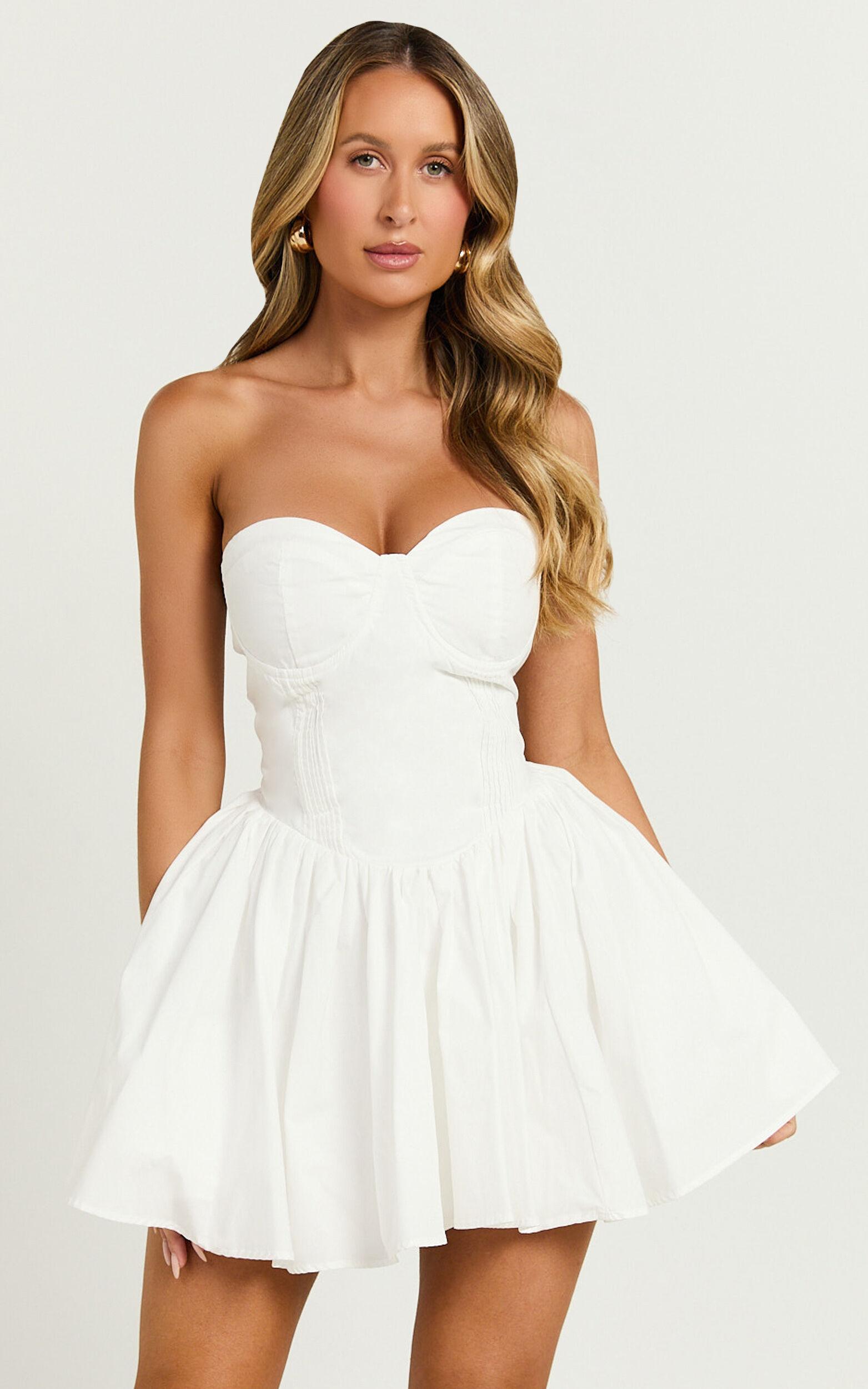 Suzanna Mini Dress - Strapless Pleat Full Skirt Mini in White Product Image