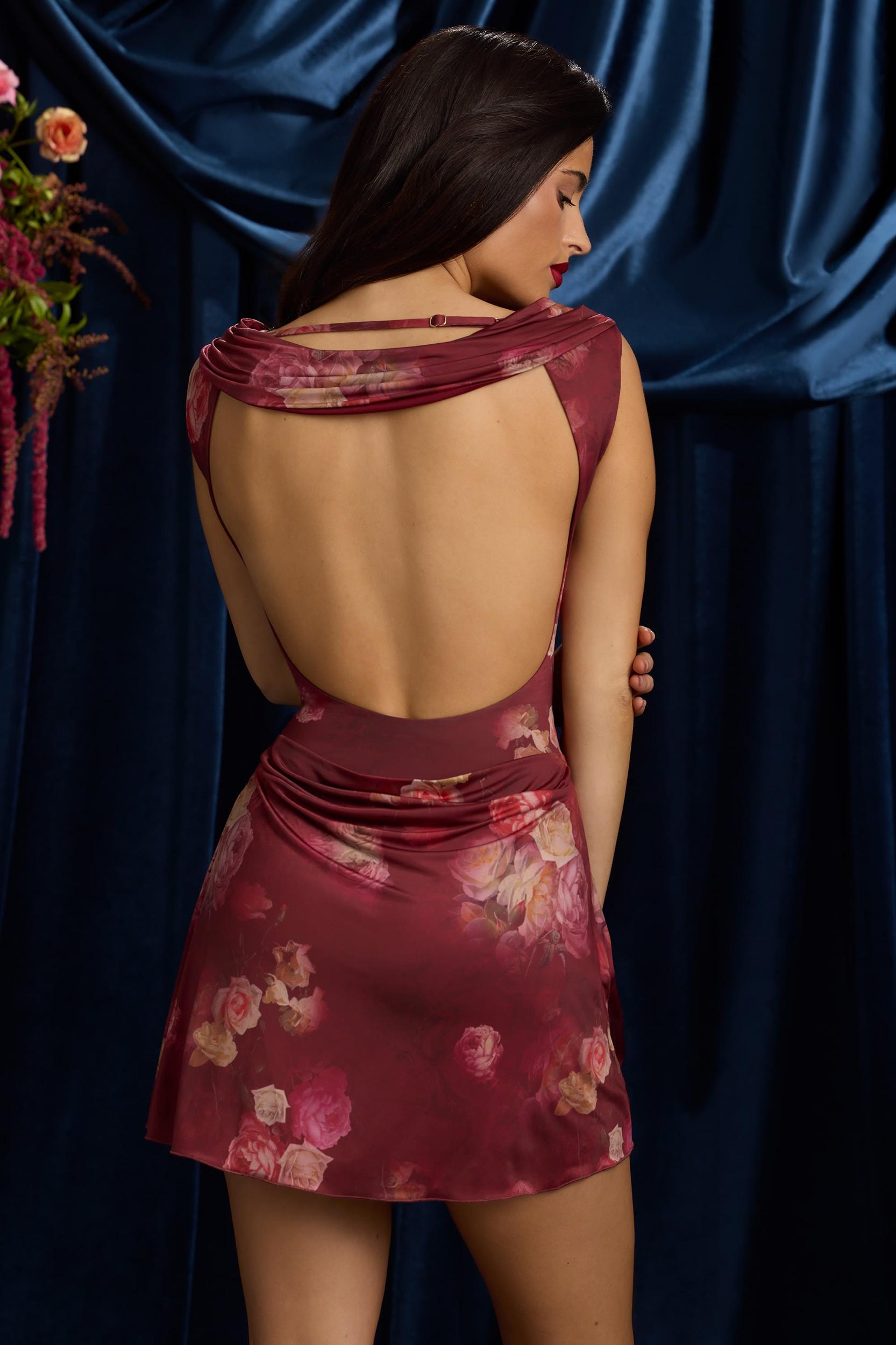 Draped Open-Back A-Line Mini Dress in Maroon Floral Print Female Product Image
