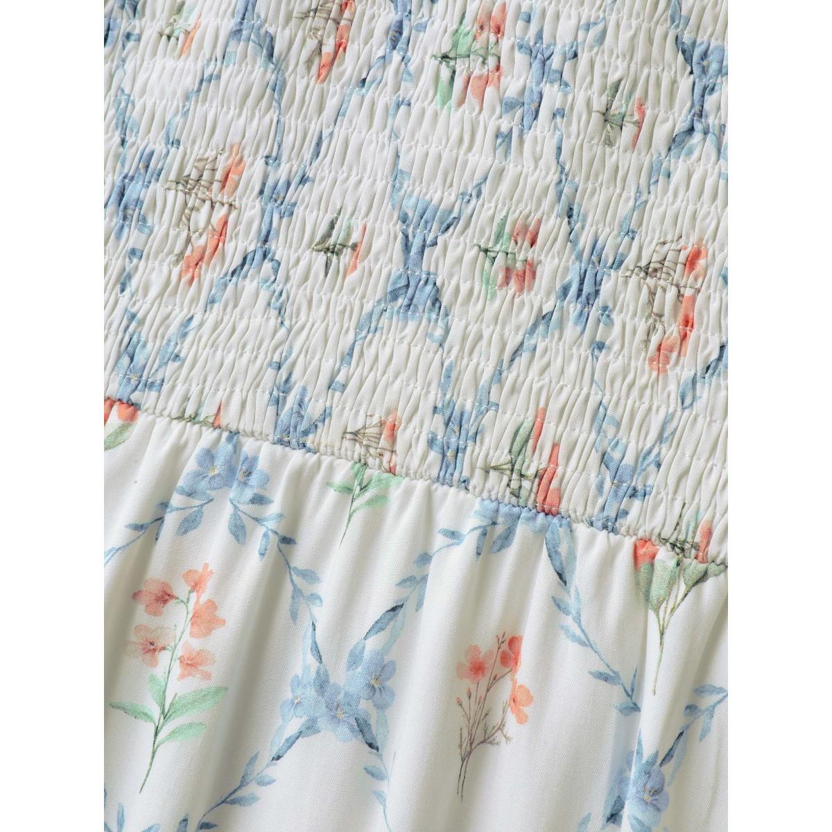 Plus Size Shirred Floral Print Pockets Midi Dress Originalwhite Women Romantic Square Neck Short sleeve Curvy BloomChic 26/4X Product Image